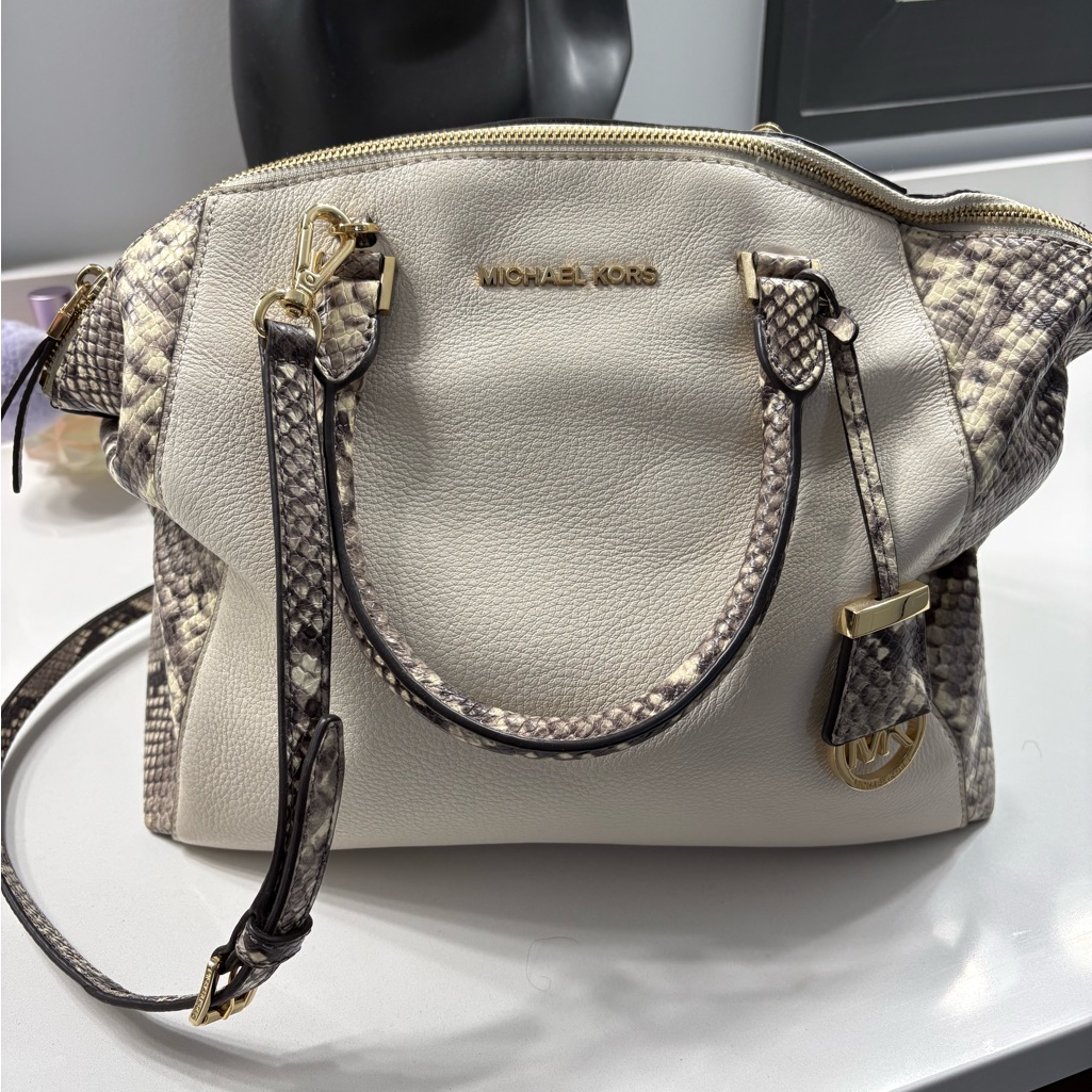 Michael Kors Cream Satchel With Snakeskin Trim And Gold Hardware